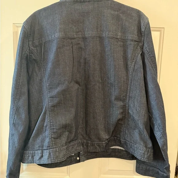 Chico's Dark Blue Embellished Denim Jacket with Blue & Purple Accents - Picture 2 of 7